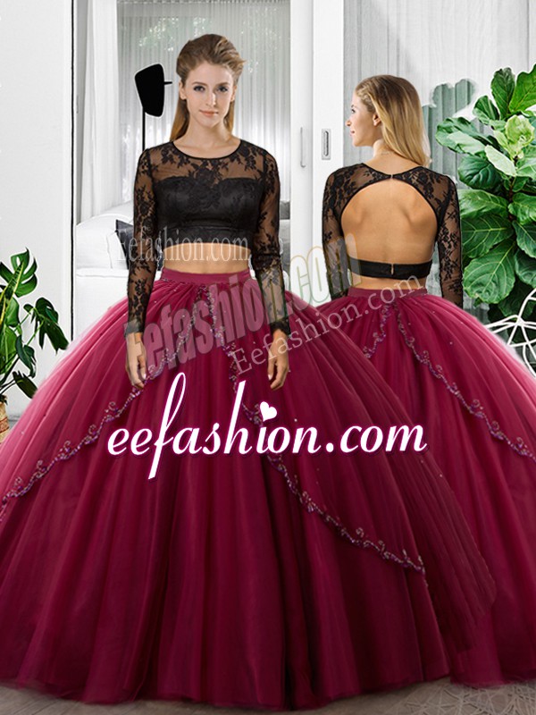 Captivating Fuchsia Tulle Backless Scoop Long Sleeves Floor Length Sweet 16 Quinceanera Dress Lace and Ruching