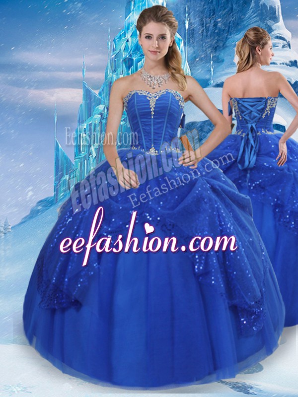  Royal Blue Lace Up Sweetheart Beading and Pick Ups Sweet 16 Quinceanera Dress Tulle Sleeveless
