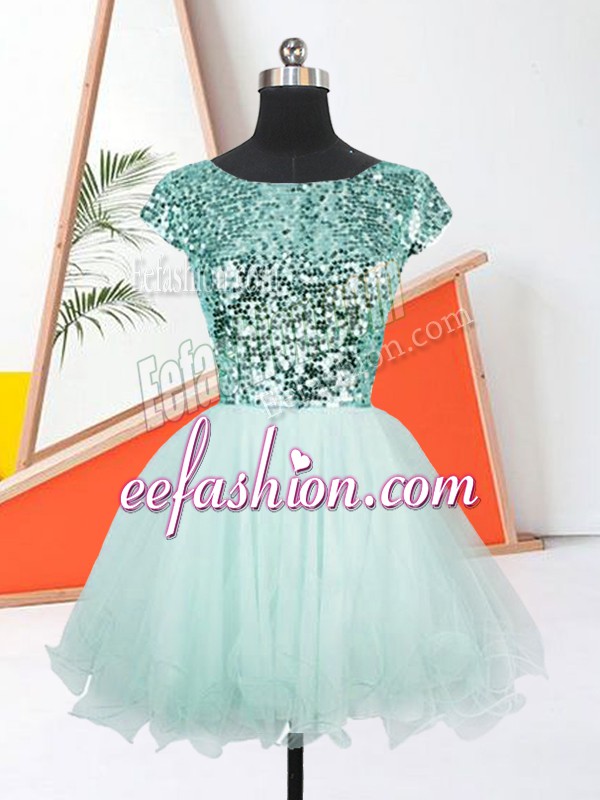  Mini Length A-line Short Sleeves Apple Green Prom Dresses Lace Up