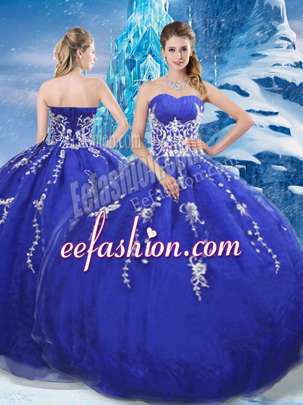  Floor Length Blue Ball Gown Prom Dress Organza Sleeveless Appliques