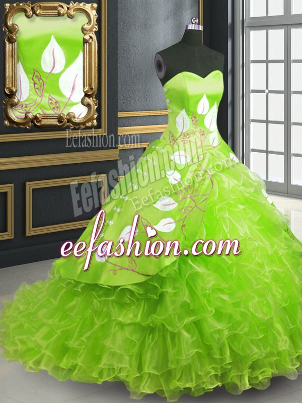 Low Price Lace Up Sweetheart Embroidery Quinceanera Dress Organza Sleeveless Brush Train