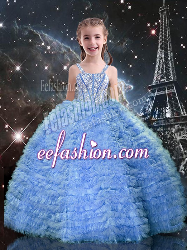  Baby Blue Sleeveless Beading and Ruffled Layers Floor Length High School Pageant Dress