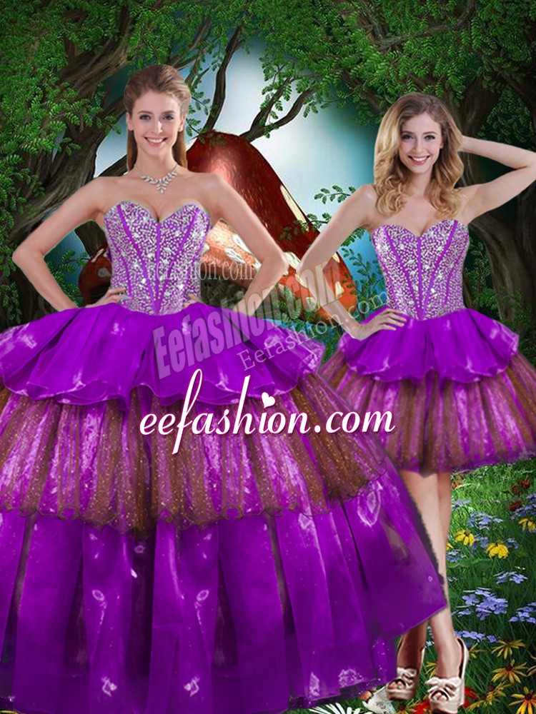  Sweetheart Sleeveless Sweet 16 Dress Floor Length Beading and Ruffled Layers and Sequins Multi-color Organza