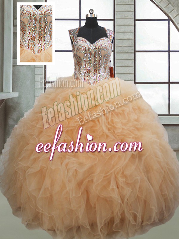  Champagne Organza Lace Up Sweetheart Sleeveless Floor Length Quinceanera Gowns Beading and Ruffles