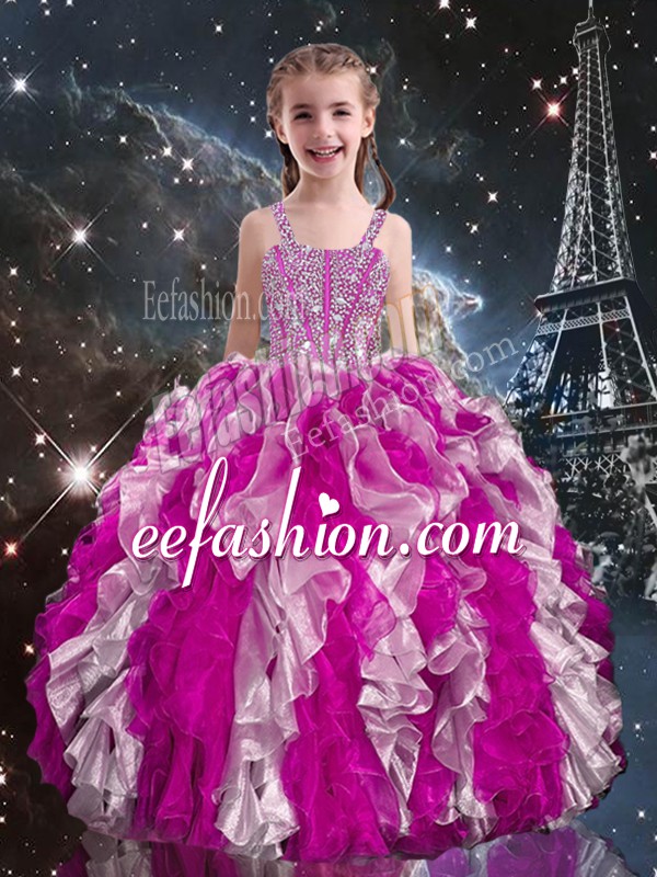 Super Fuchsia Ball Gowns Beading and Ruffles Little Girls Pageant Dress Lace Up Organza Sleeveless Floor Length
