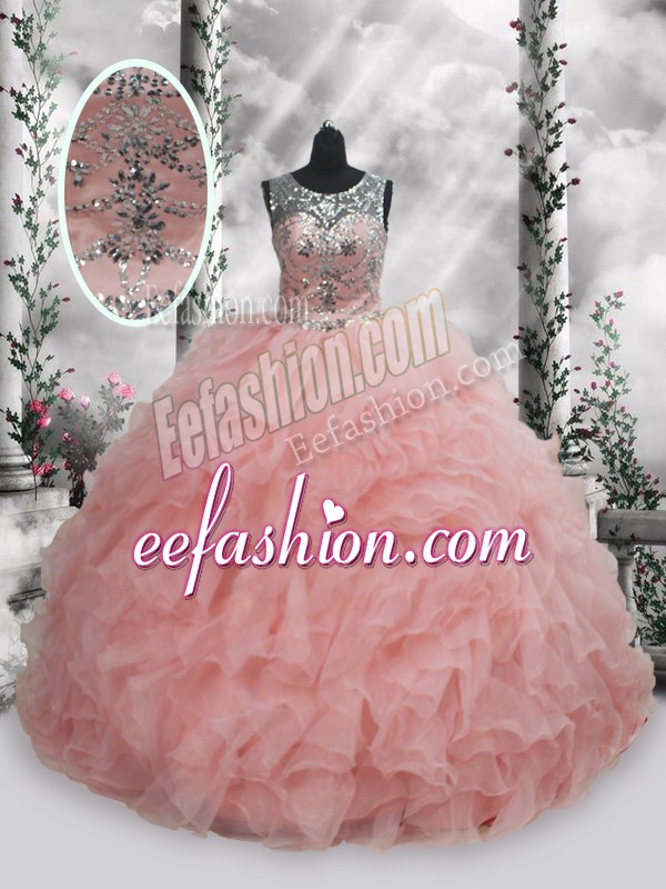 Artistic Baby Pink Quince Ball Gowns Military Ball and Sweet 16 and Quinceanera with Beading and Ruffles Scoop Sleeveless Lace Up