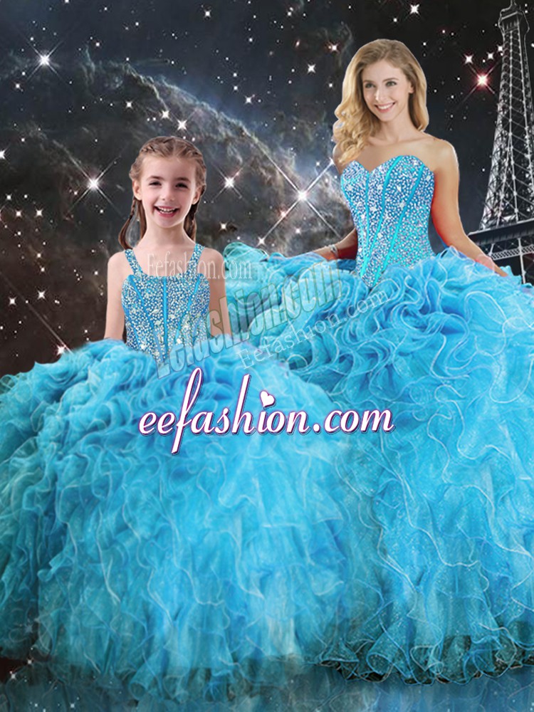 Shining Sleeveless Floor Length Beading and Ruffles Lace Up Sweet 16 Dresses with Aqua Blue