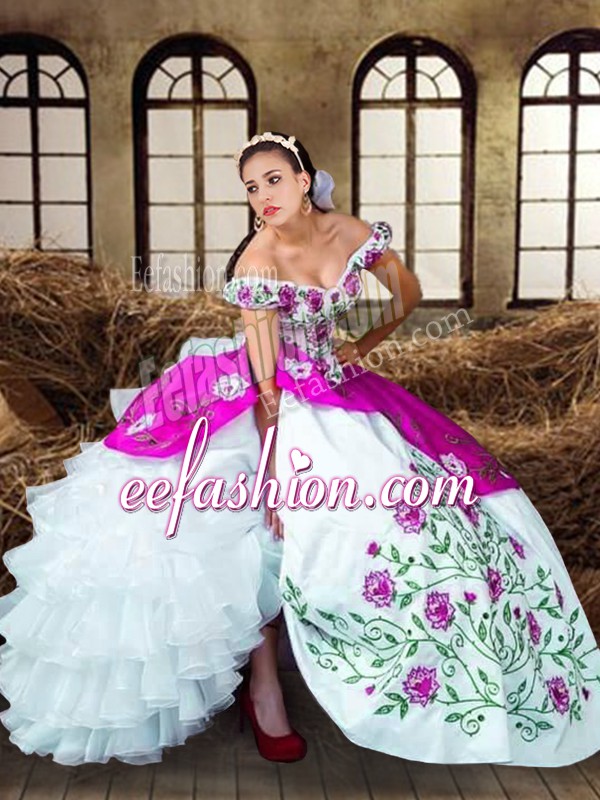  Multi-color Ball Gowns Off The Shoulder Sleeveless Taffeta Floor Length Lace Up Embroidery and Ruffled Layers Sweet 16 Quinceanera Dress