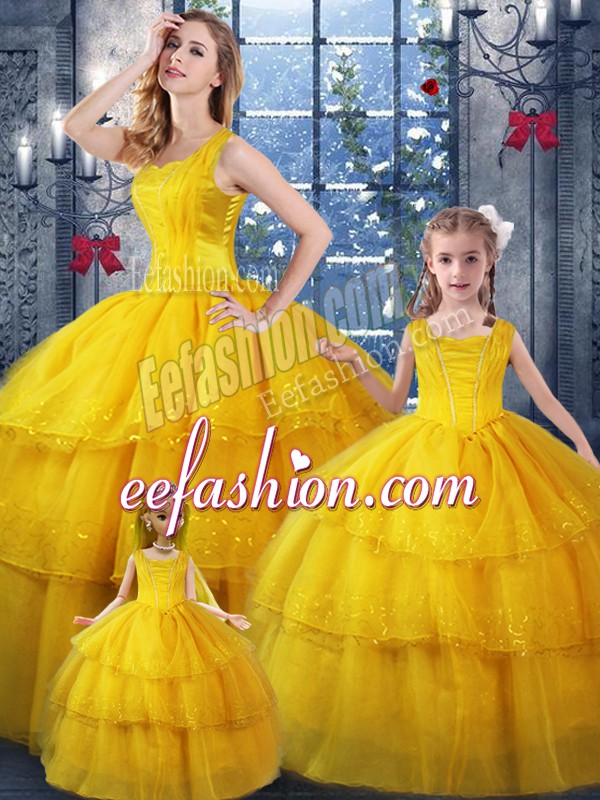 Custom Design Floor Length Lace Up Vestidos de Quinceanera Gold for Military Ball and Sweet 16 and Quinceanera with Ruffled Layers