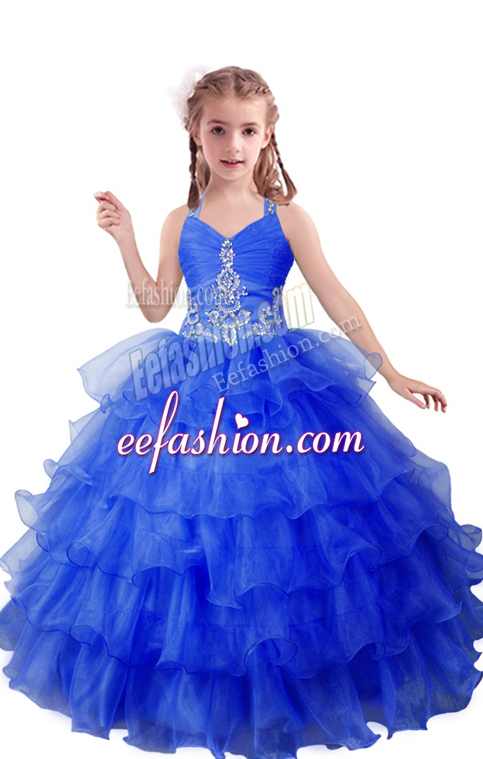  Blue Ball Gowns V-neck Sleeveless Organza Floor Length Zipper Beading and Ruffled Layers Little Girls Pageant Gowns