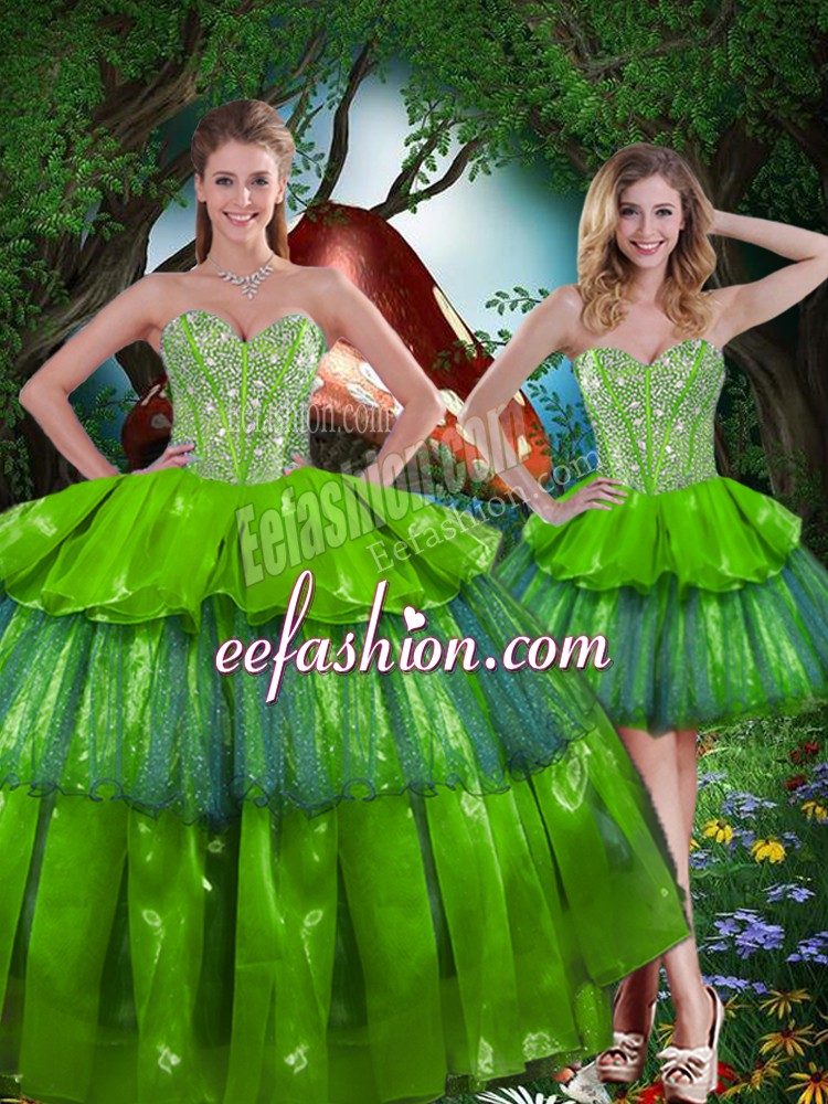  Sleeveless Floor Length Beading and Ruffled Layers Lace Up Sweet 16 Dresses with Olive Green