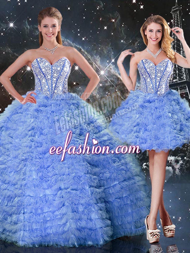 High Class Blue Tulle Lace Up 15 Quinceanera Dress Sleeveless Floor Length Beading and Ruffled Layers