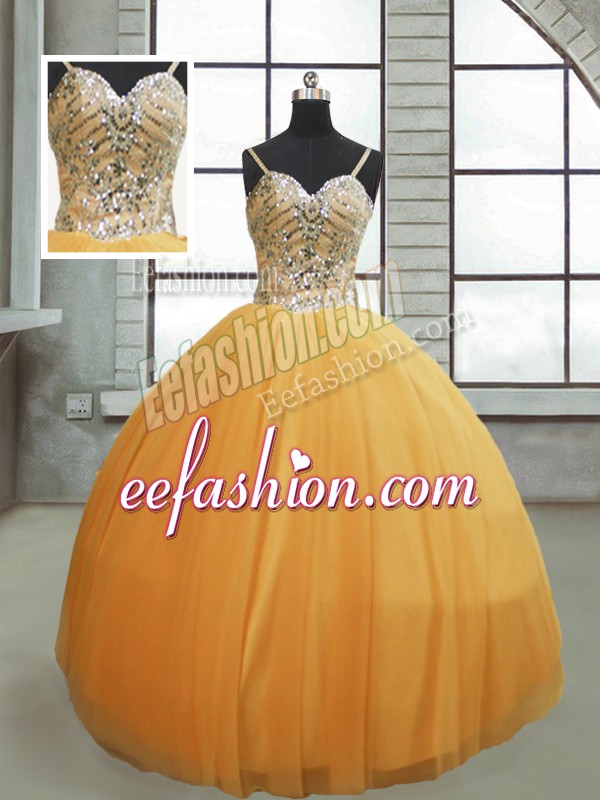 Custom Fit Gold Ball Gowns Spaghetti Straps Sleeveless Tulle Floor Length Lace Up Beading Quinceanera Gowns