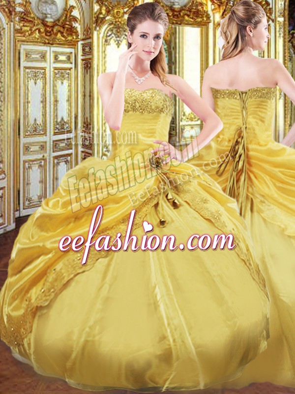  Gold Sleeveless Floor Length Beading and Pick Ups Lace Up Vestidos de Quinceanera