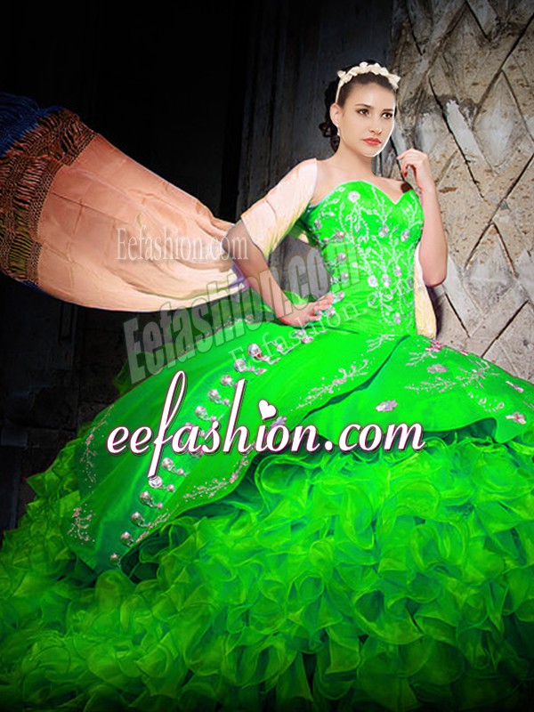  Organza Sweetheart Sleeveless Brush Train Lace Up Embroidery and Ruffles Quinceanera Dress in Green