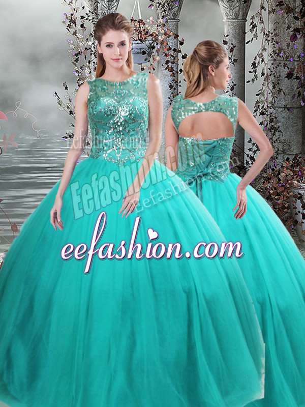  Floor Length Ball Gowns Sleeveless Turquoise 15th Birthday Dress Lace Up