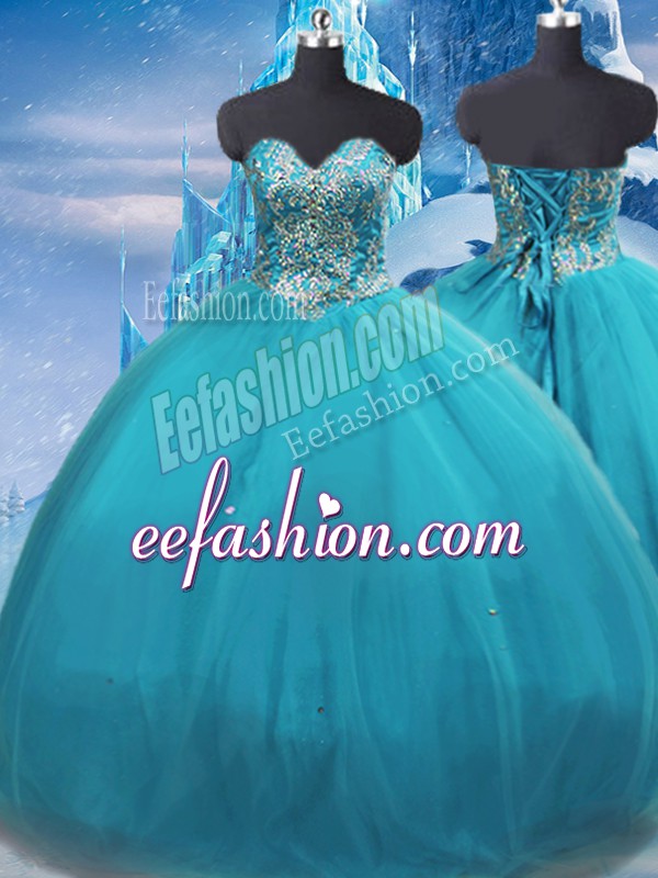  Teal Sleeveless Floor Length Appliques Lace Up Quinceanera Dress