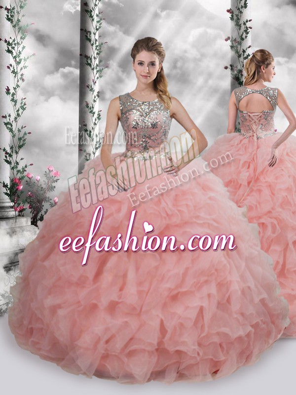 Custom Fit Beading and Ruffles 15 Quinceanera Dress Baby Pink Lace Up Sleeveless Floor Length