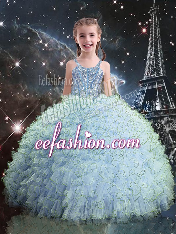  Light Blue Ball Gowns Organza Straps Sleeveless Beading and Ruffles Floor Length Lace Up Little Girl Pageant Dress