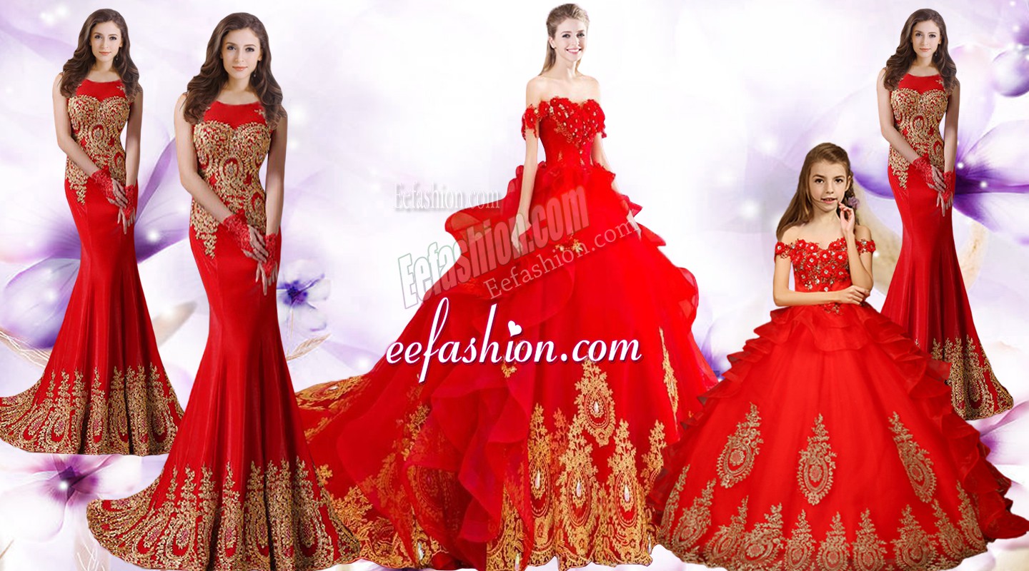 Sweet Red Sleeveless Brush Train Beading and Appliques and Embroidery Quinceanera Dress