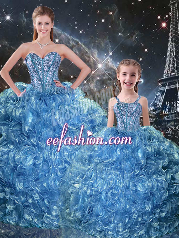 Hot Sale Beading and Ruffles Sweet 16 Dresses Baby Blue Lace Up Sleeveless Floor Length
