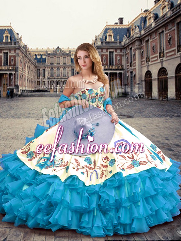  Aqua Blue Sleeveless Floor Length Embroidery and Ruffled Layers Lace Up Quinceanera Dress