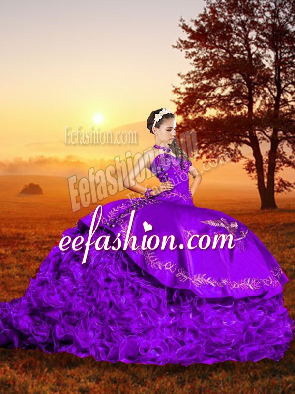 Popular Lavender Organza Lace Up Sweet 16 Dresses Sleeveless Brush Train Embroidery