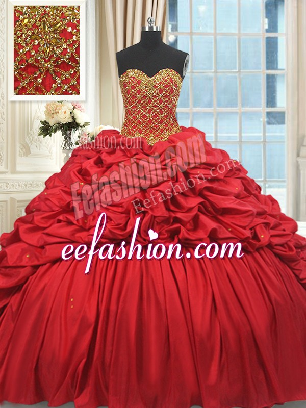 Lovely Red Taffeta Lace Up Sweet 16 Quinceanera Dress Sleeveless Brush Train Beading and Pick Ups