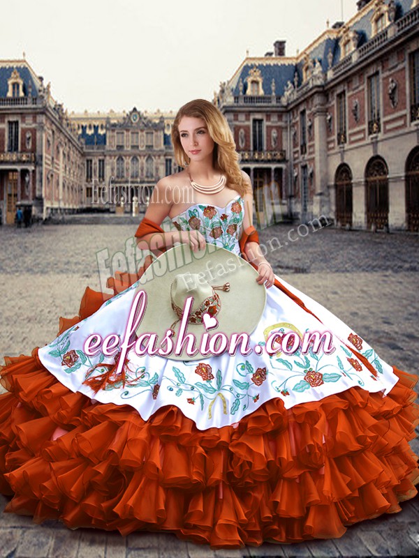 Charming Rust Red Lace Up Sweet 16 Dress Embroidery and Ruffled Layers Sleeveless Floor Length