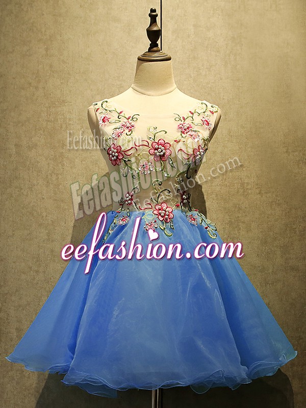  Mini Length Lace Up Evening Dress Blue for Prom and Party with Embroidery