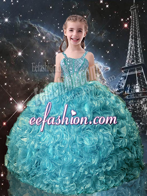  Straps Sleeveless Lace Up Little Girl Pageant Dress Teal Organza