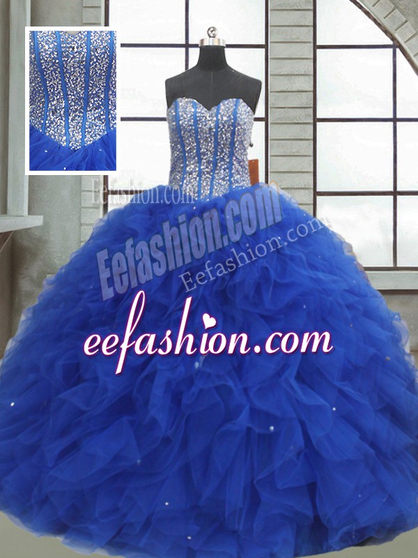  Floor Length Lace Up Ball Gown Prom Dress Royal Blue for Military Ball and Sweet 16 and Quinceanera with Beading and Ruffles and Sequins
