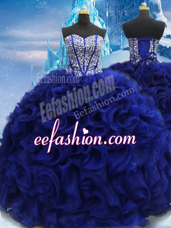  Fabric With Rolling Flowers Sweetheart Sleeveless Lace Up Beading Ball Gown Prom Dress in Royal Blue