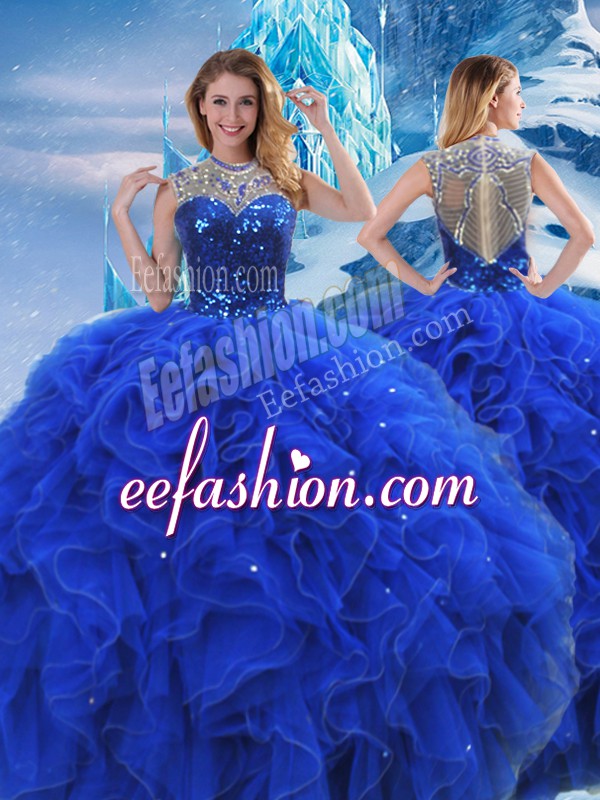  Royal Blue Organza Zipper Ball Gown Prom Dress Sleeveless Floor Length Ruffles and Sequins