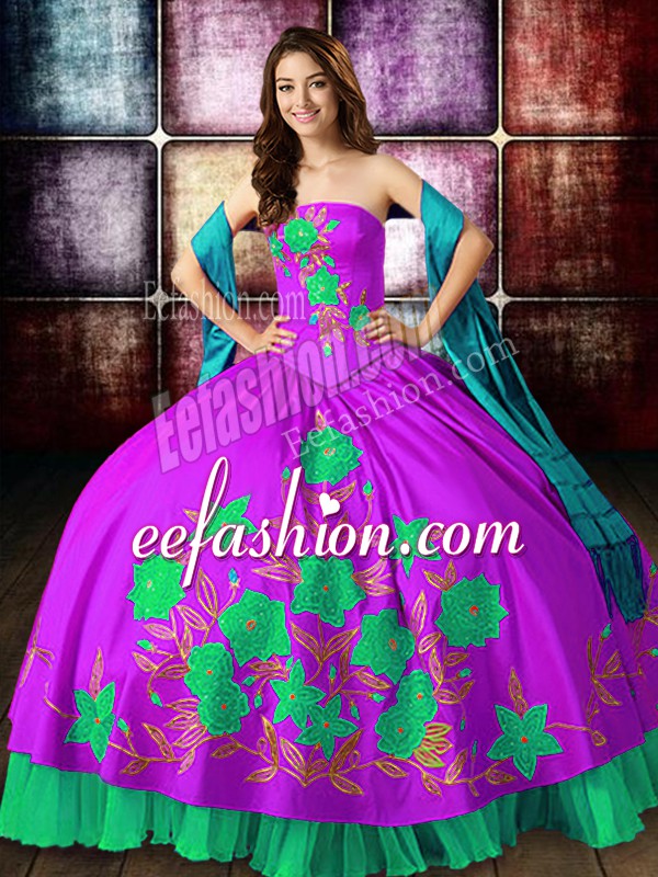  Multi-color Ball Gowns Satin Strapless Sleeveless Embroidery Floor Length Lace Up Quinceanera Dresses