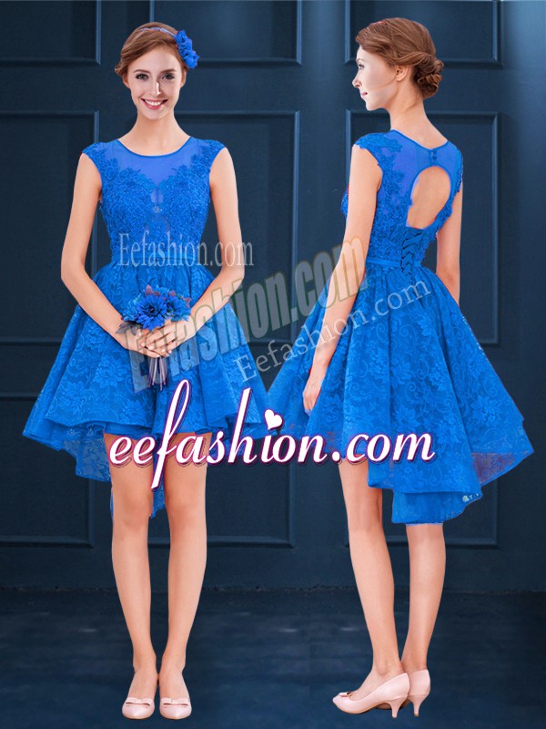 Clearance Blue A-line Satin and Lace Scoop Sleeveless Lace and Belt High Low Clasp Handle Quinceanera Court Dresses