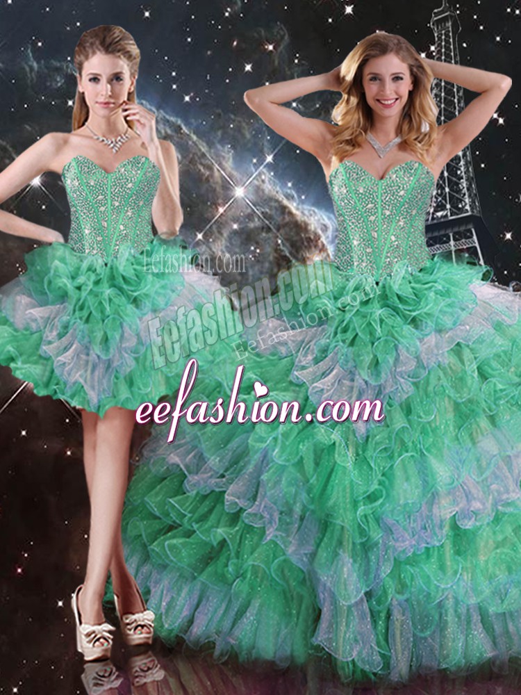 Glorious Multi-color Organza Lace Up Quinceanera Gown Sleeveless Floor Length Beading and Ruffles