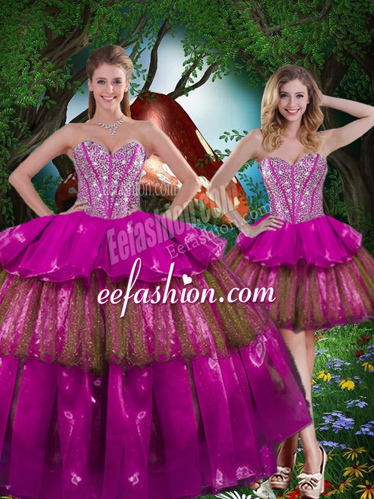  Multi-color Ball Gowns Sweetheart Sleeveless Organza Floor Length Lace Up Beading and Ruffled Layers and Sequins 15 Quinceanera Dress