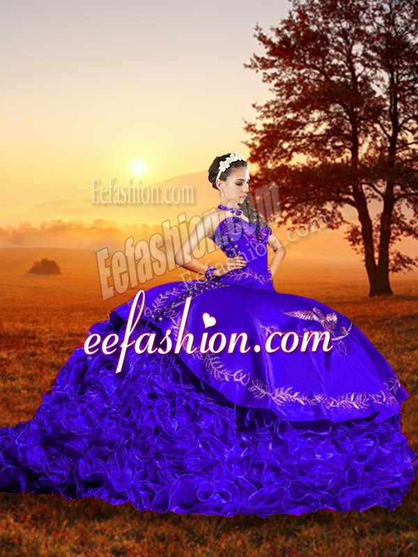 Graceful Purple Quinceanera Gowns Organza Brush Train Sleeveless Embroidery and Ruffles