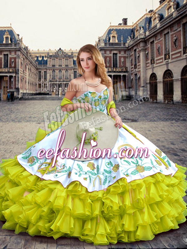 Elegant Organza and Taffeta Sleeveless Floor Length 15th Birthday Dress and Embroidery and Ruffled Layers
