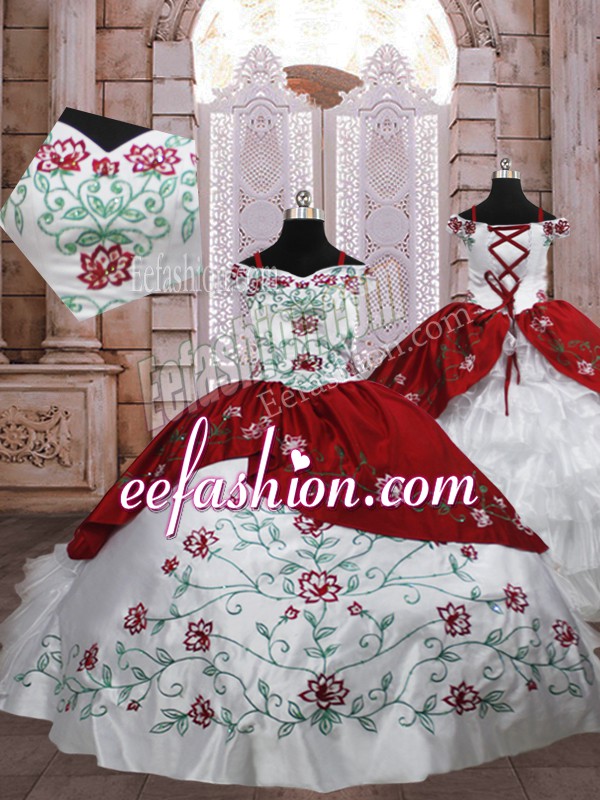 White And Red Ball Gowns Embroidery and Ruffled Layers Pageant Dresses Lace Up Taffeta Sleeveless Floor Length