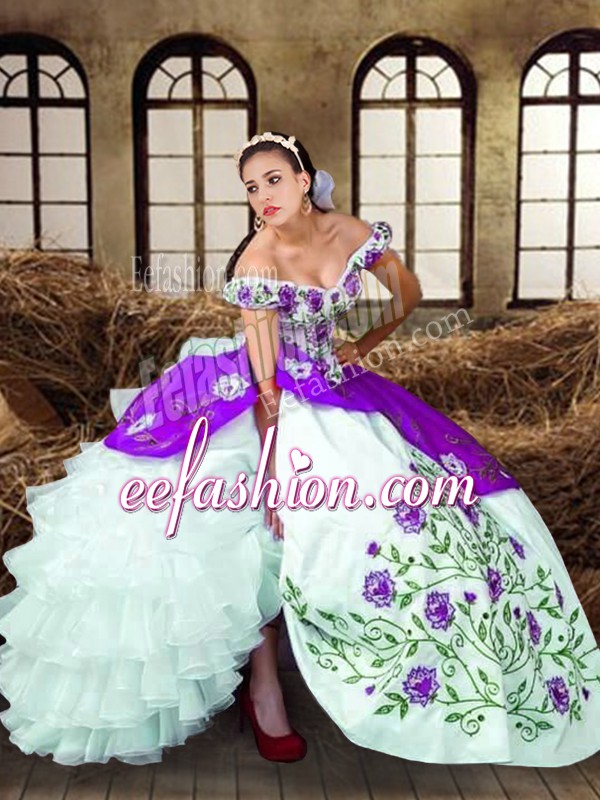  Off The Shoulder Sleeveless Taffeta Sweet 16 Dress Embroidery and Ruffled Layers Lace Up