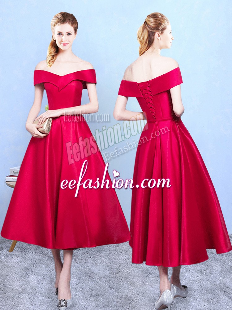  Off The Shoulder Sleeveless Lace Up Bridesmaid Dresses Wine Red Taffeta