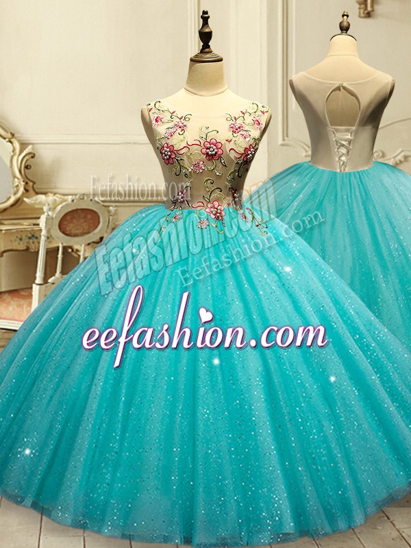  Aqua Blue Ball Gowns Scoop Sleeveless Tulle Floor Length Lace Up Appliques and Sequins Quince Ball Gowns