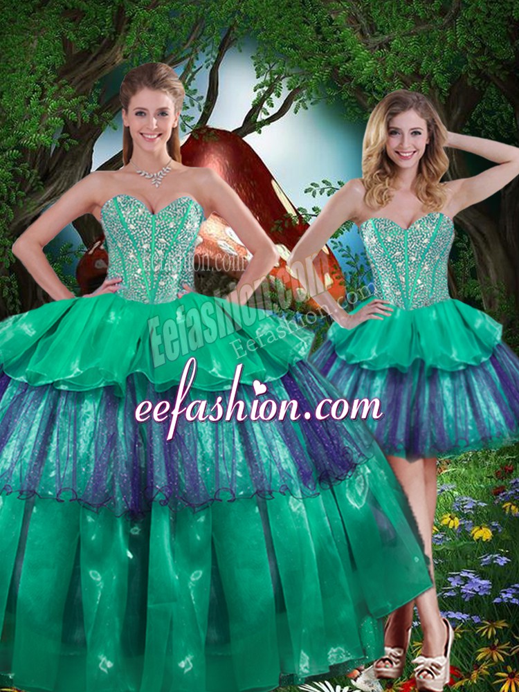 Fantastic Floor Length Lace Up Sweet 16 Dresses Turquoise for Military Ball and Sweet 16 and Quinceanera with Beading and Ruffled Layers