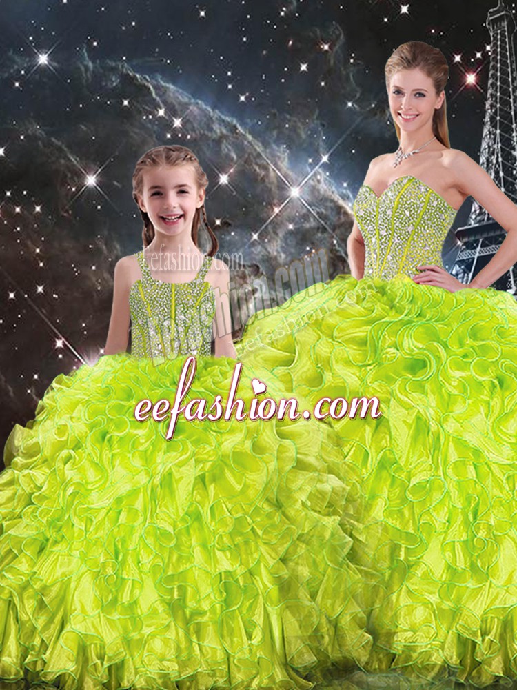 Flare Beading and Ruffles Sweet 16 Dresses Yellow Green Lace Up Sleeveless Floor Length