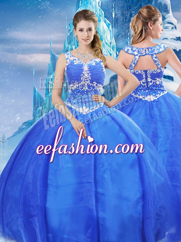 Exquisite Blue 15th Birthday Dress Military Ball and Sweet 16 and Quinceanera with Beading V-neck Sleeveless Zipper