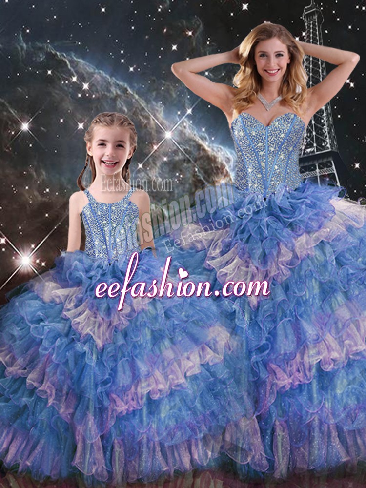  Multi-color Ball Gowns Sweetheart Sleeveless Organza Floor Length Lace Up Beading and Ruffled Layers Quinceanera Dresses