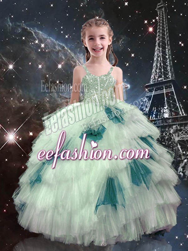 Enchanting Straps Sleeveless Tulle Pageant Dress for Womens Beading and Ruffled Layers Lace Up