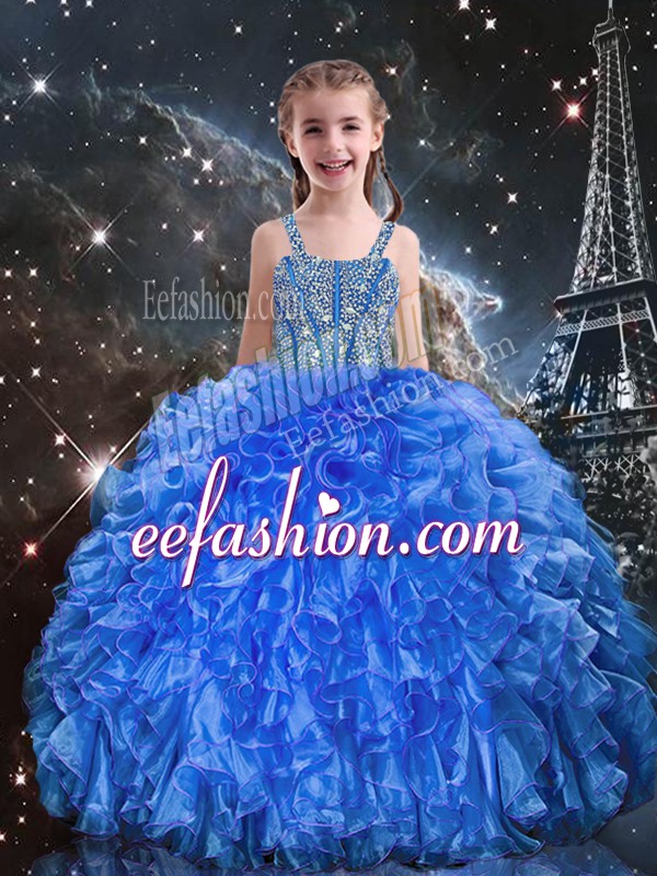 Top Selling Blue Straps Neckline Beading and Ruffles Glitz Pageant Dress Sleeveless Lace Up